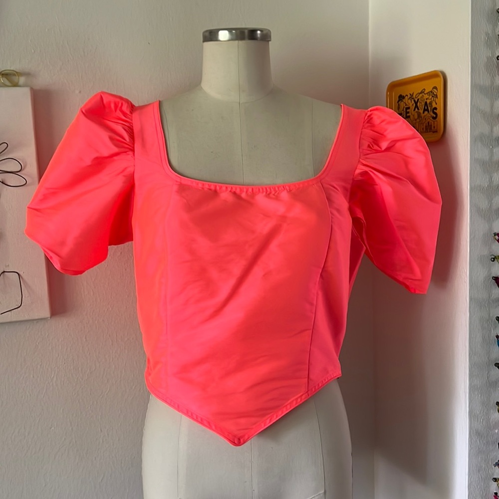 NWT Batsheva Dirndl Top in Sunset Taffeta Neon Pink Size 12